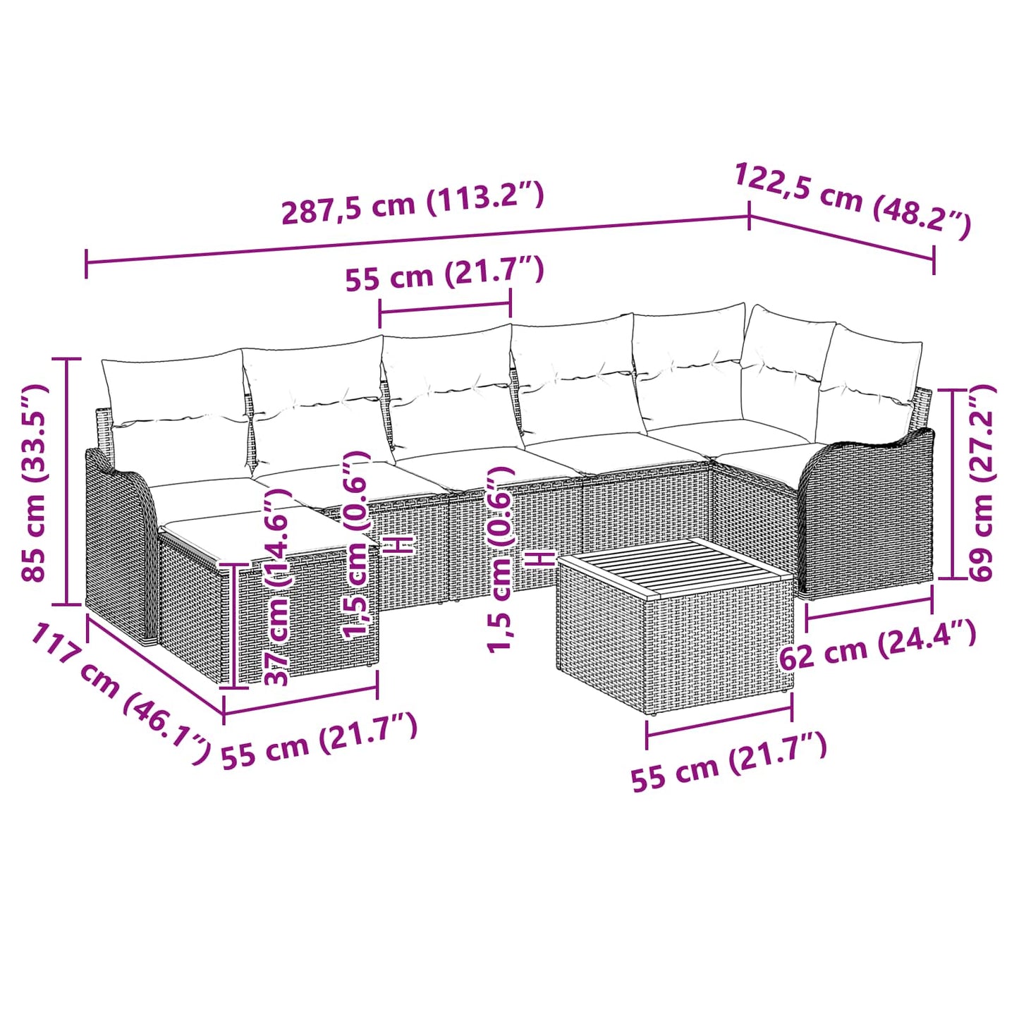 Havesofa Sæt 8 stk. Grå polyrattan