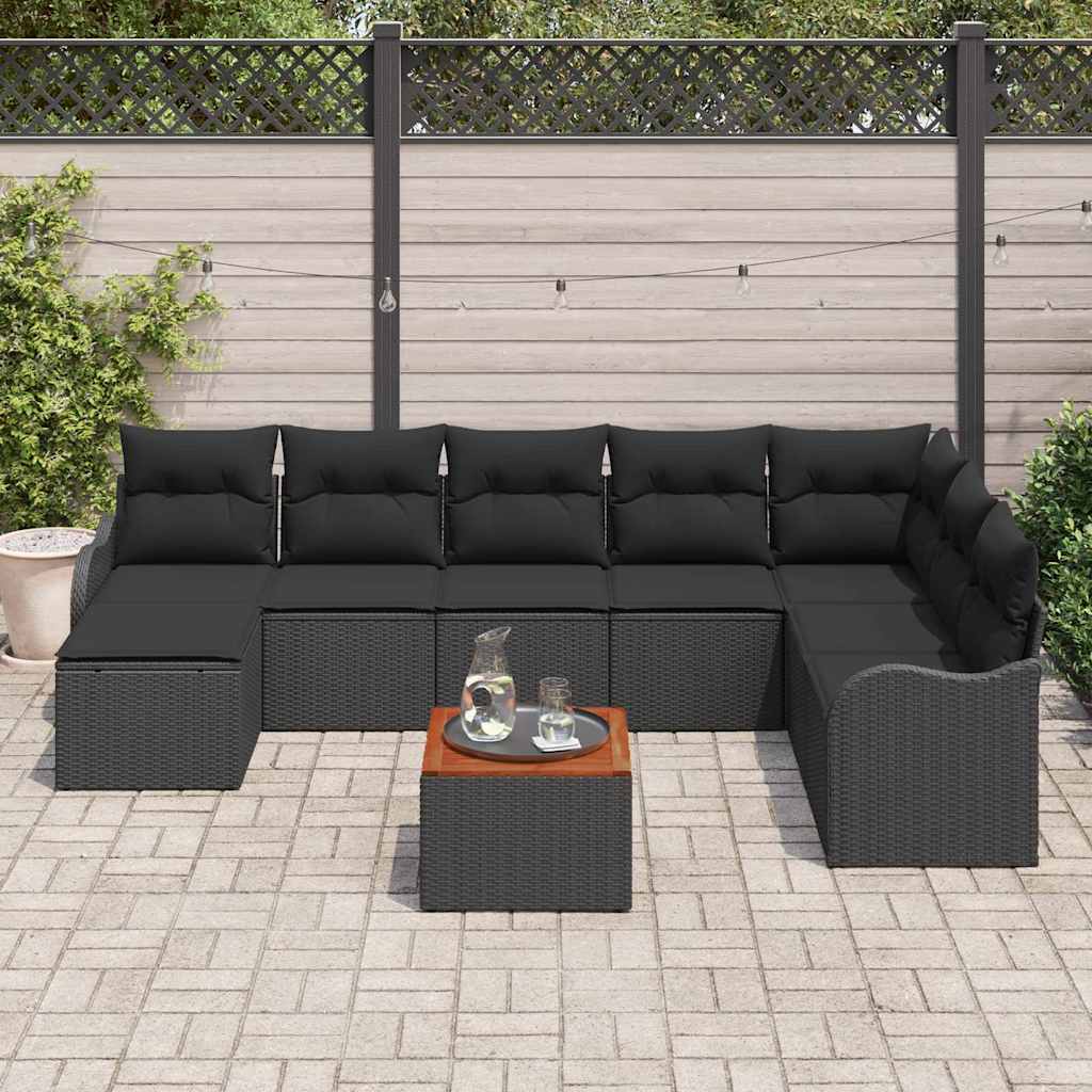 Havesofa Sæt med pude 9 pcs Sort polyrattan
