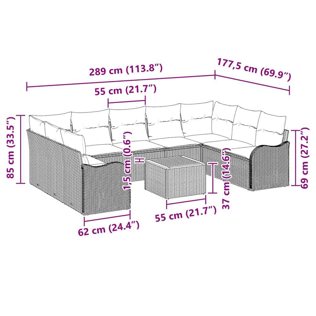 Havesofa Sæt med pude 10 pcs Sort polyrattan