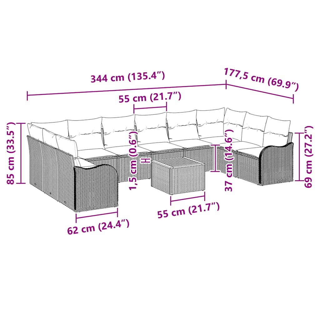 Havesofa Sæt med pude 11 pcs Sort polyrattan