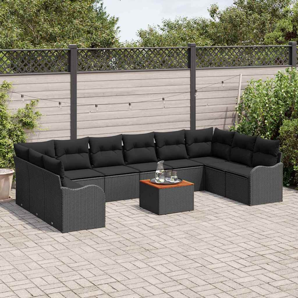Havesofa Sæt med pude 11 pcs Sort polyrattan