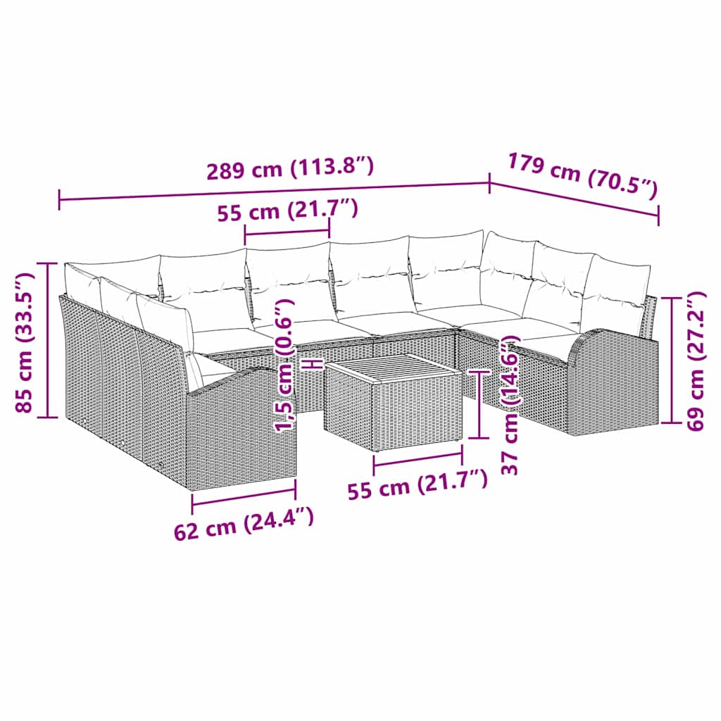 Havesofa Sæt med pude 10 pcs Beige polyrattan