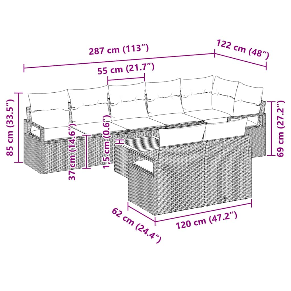 Havesofa Sæt med pude 9 pcs Sort polyrattan