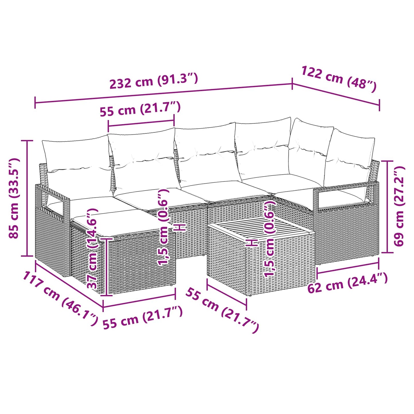 Havesofa Sæt med pude 7 pcs Sort polyrattan