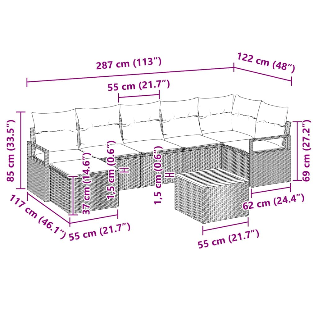 Havesofa Sæt med pude 8 pcs Grå polyrattan