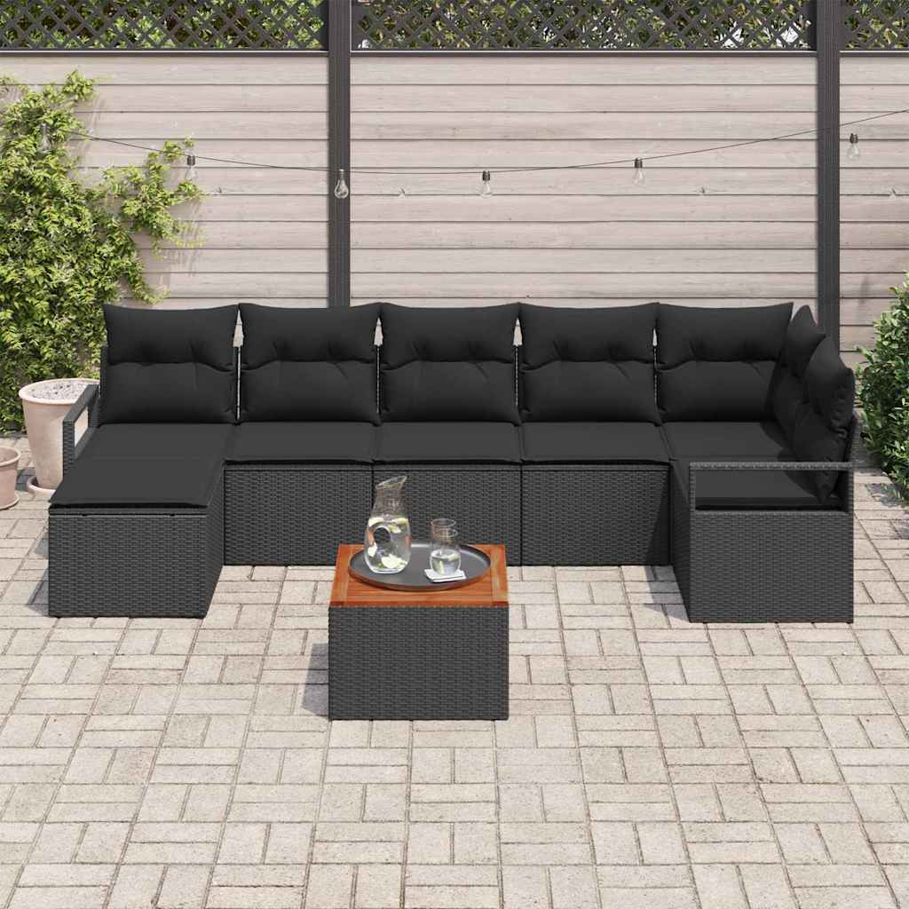 Havesofa Sæt med pude 8 pcs Sort polyrattan