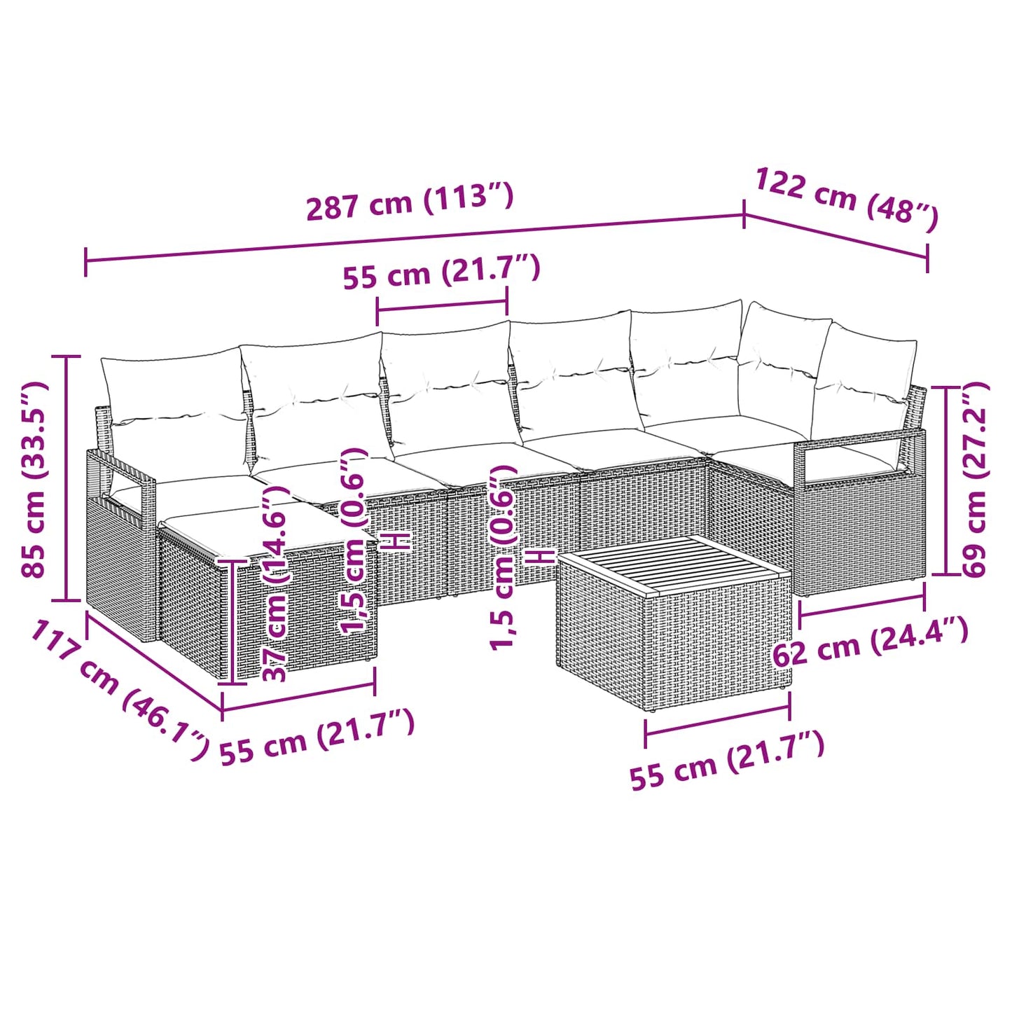 Havesofa Sæt med pude 8 pcs Sort polyrattan