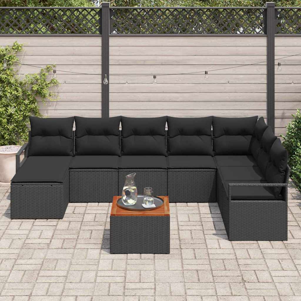 Havesofa Sæt med pude 9 pcs Sort polyrattan