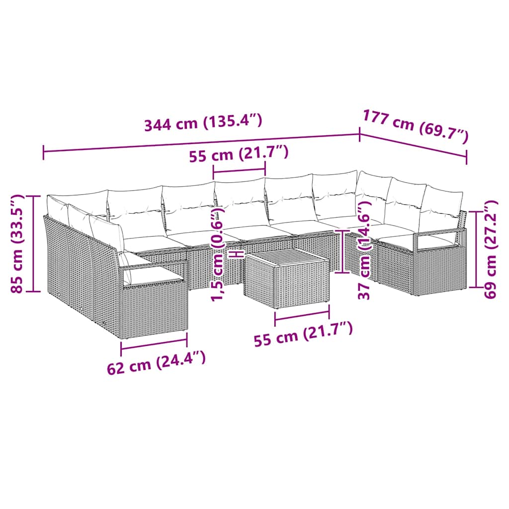 Havesofa Sæt med pude 11 pcs Sort polyrattan
