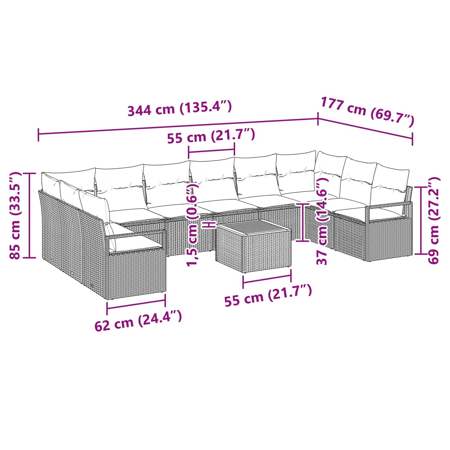 Havesofa Sæt med pude 11 pcs Sort polyrattan