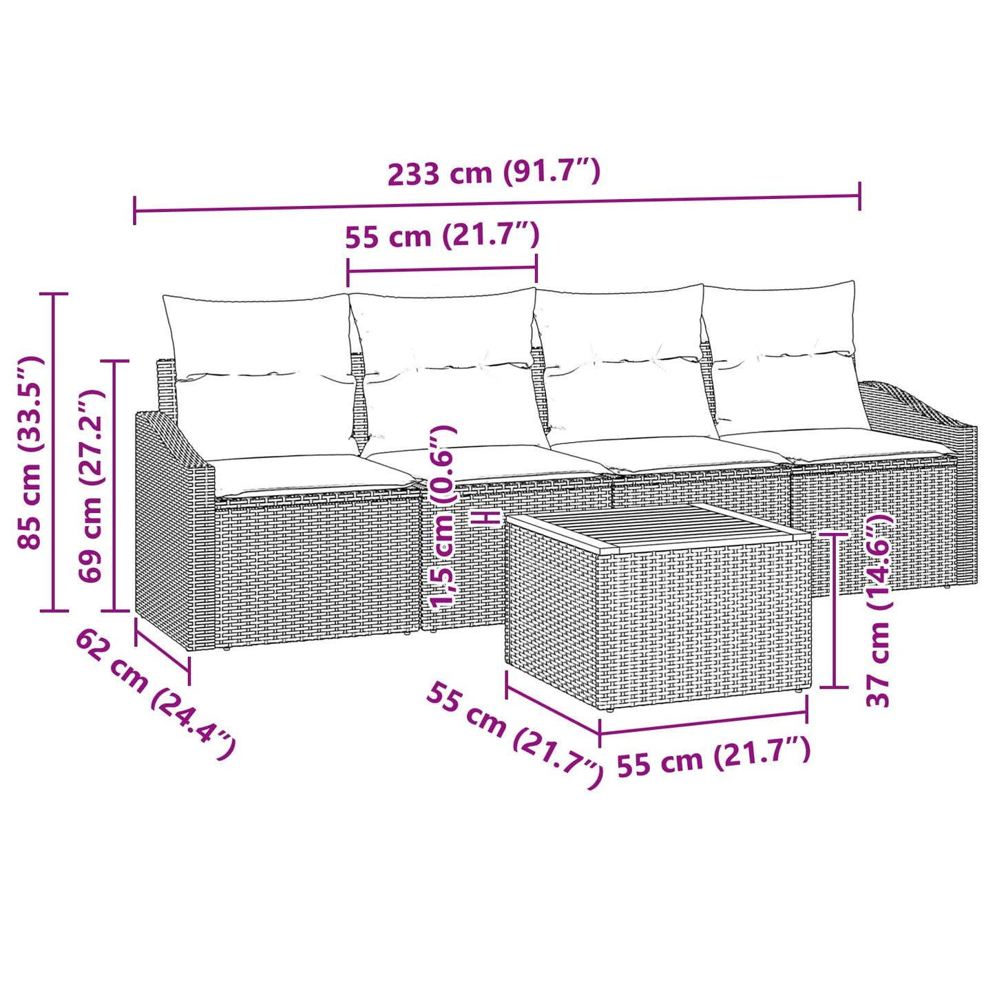 Havesofa Sæt med pude 5 pcs Sort polyrattan
