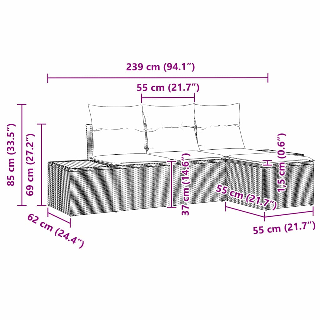 Havesofa Sæt med pude med pude 4 pcs Grå polyrattan