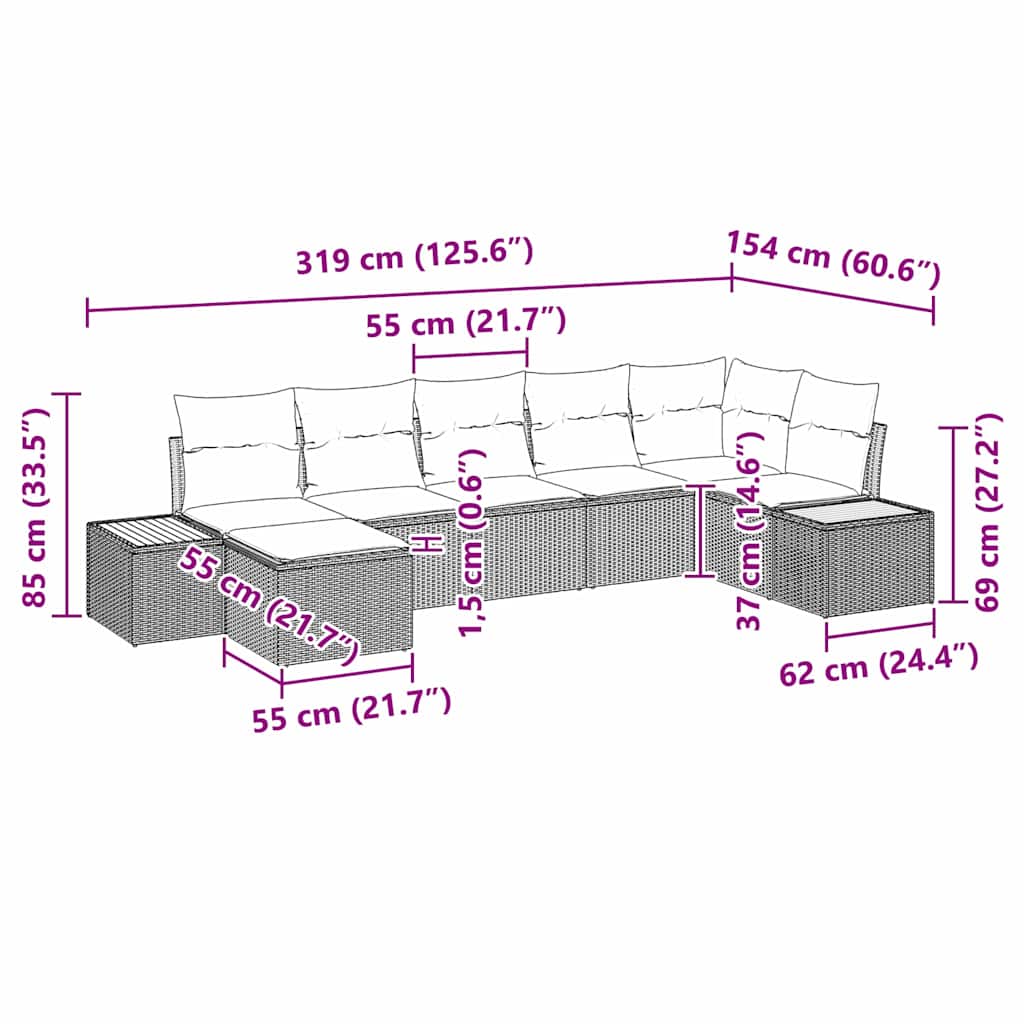Havesofa Sæt med pude 7 pcs Grå polyrattan