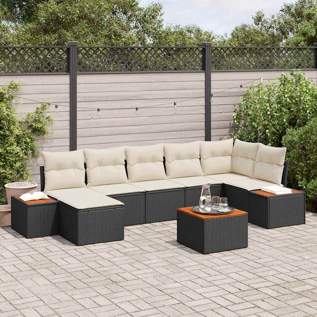 Havesofa Sæt med pude 8 pcs Sort Poly rattan