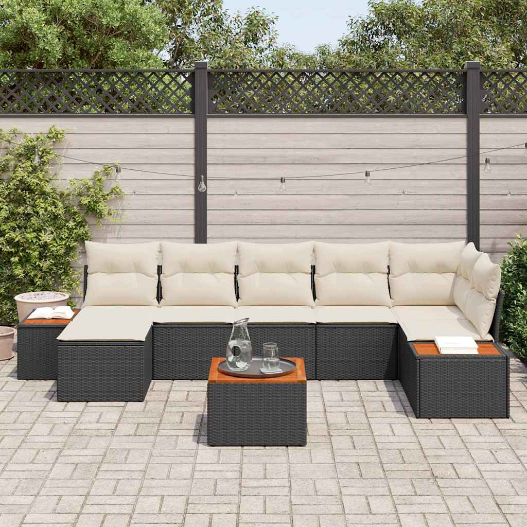 Havesofa Sæt med pude 8 pcs Sort Poly rattan