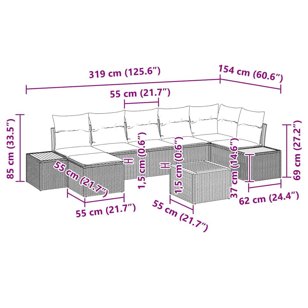 Havesofa Sæt med pude 8 pcs Sort Poly rattan