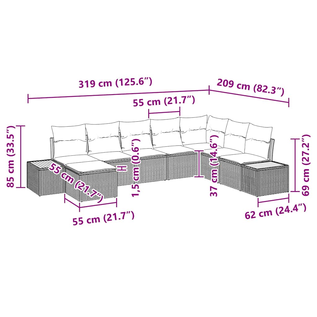 Havesofa Sæt med pude 8 pcs Beige Poly rattan