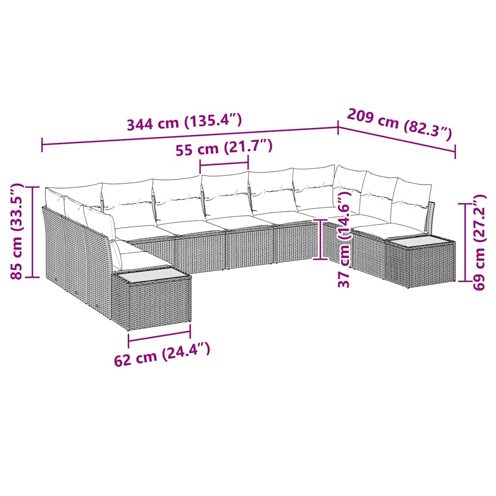 Havesofa Sæt med pude 10 pcs Grå Poly rattan