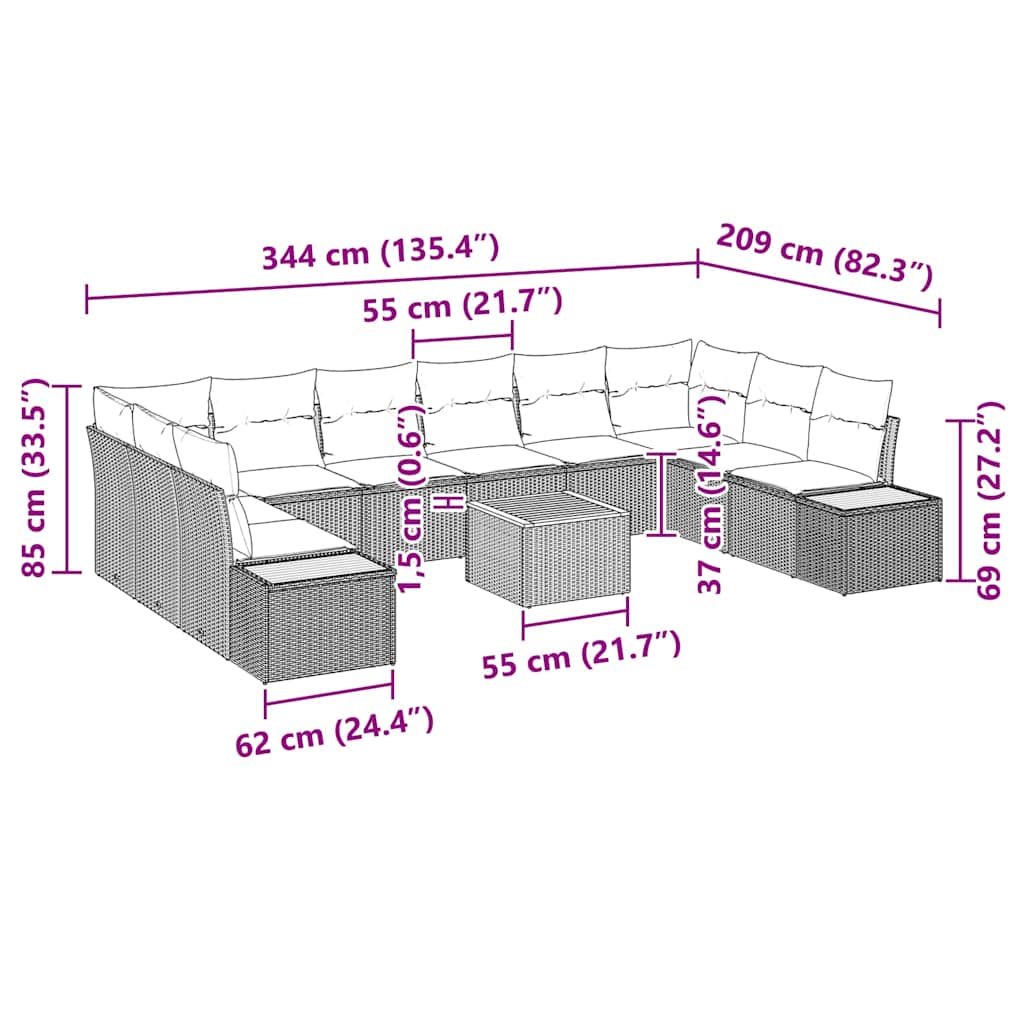 Havesofa Sæt med pude 11 pcs Grå Poly rattan