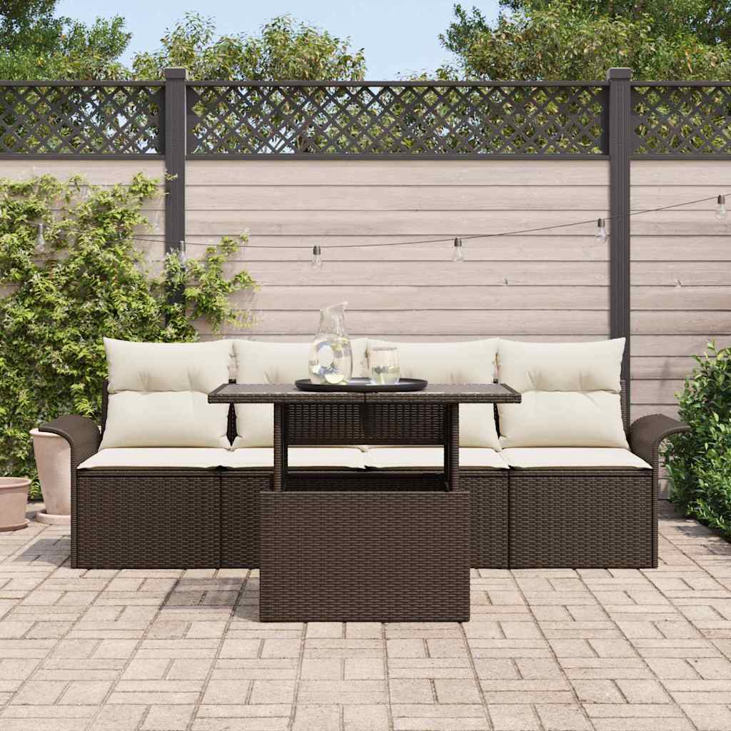 Havesofa Sæt med pude 5 pcs Brun polyrattan