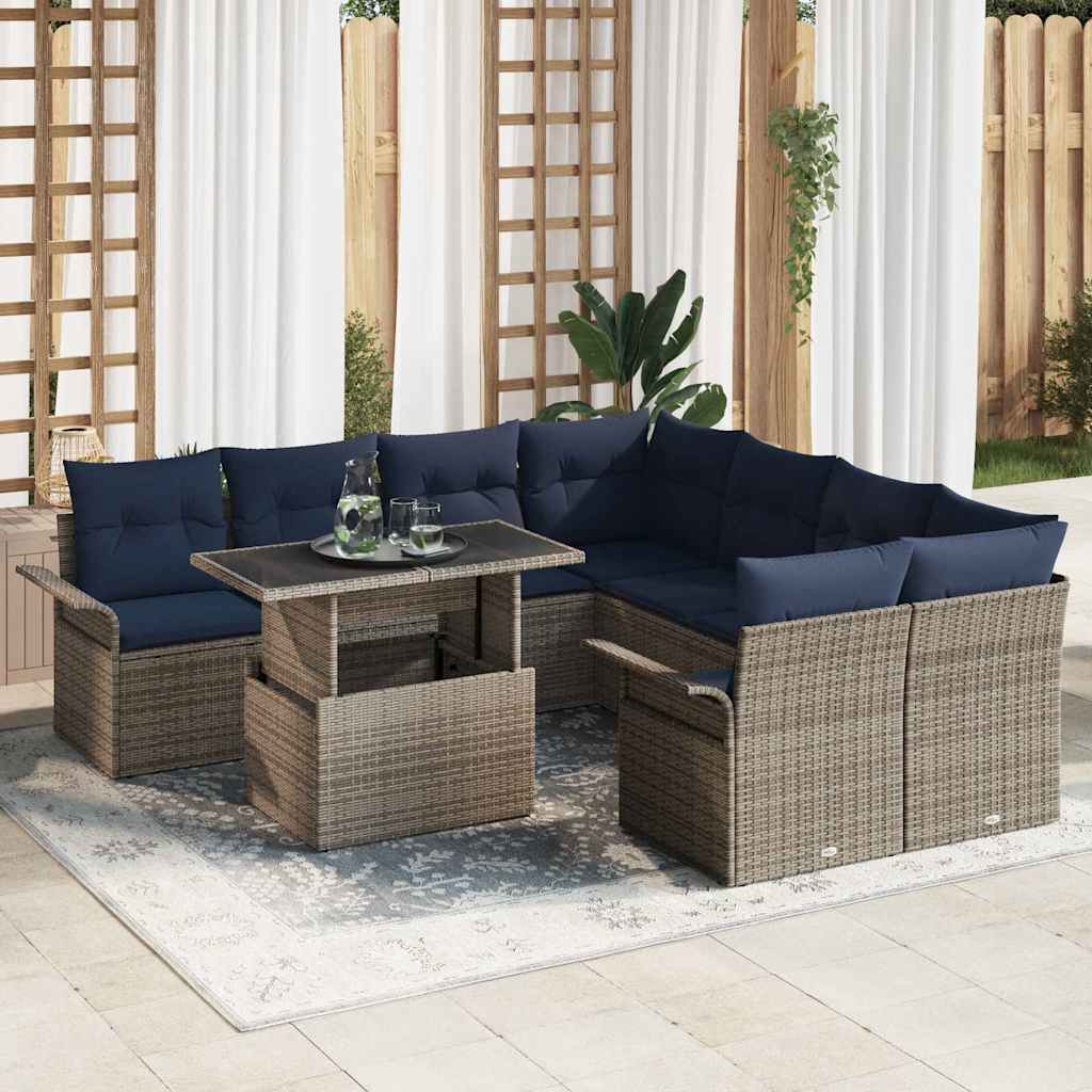Havesofa Sæt med pude 9 pcs Grå Poly rattan