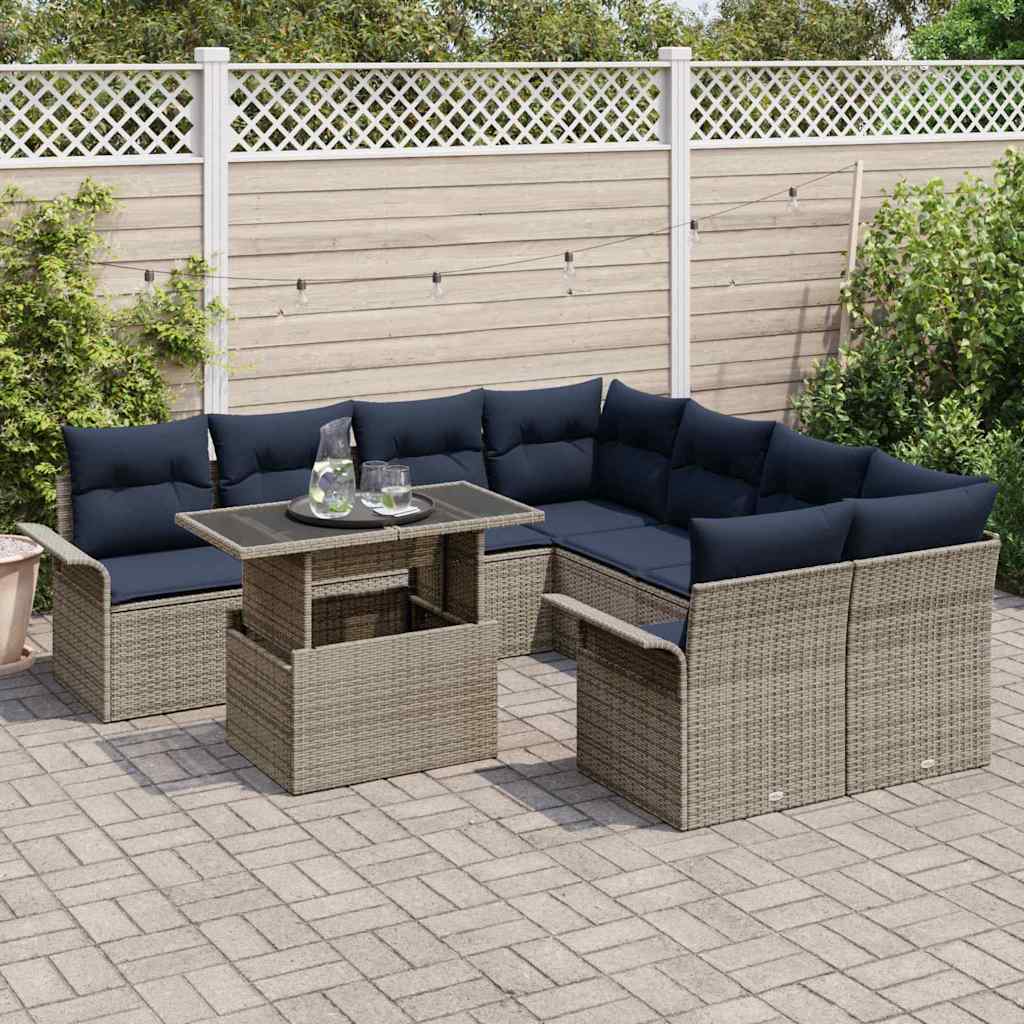 Havesofa Sæt med pude 9 pcs Grå Poly rattan
