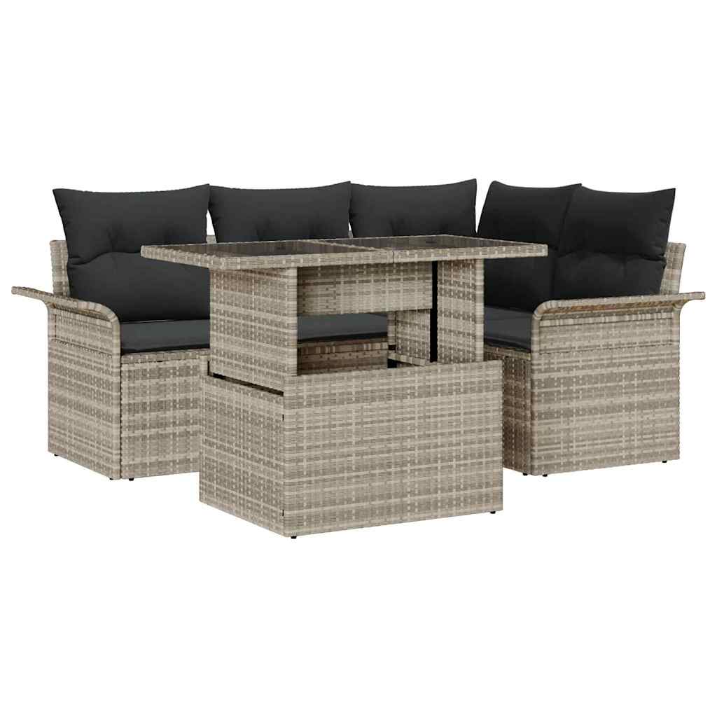 Havesofa Sæt med pude 5 pcs Lysegrå Poly rattan