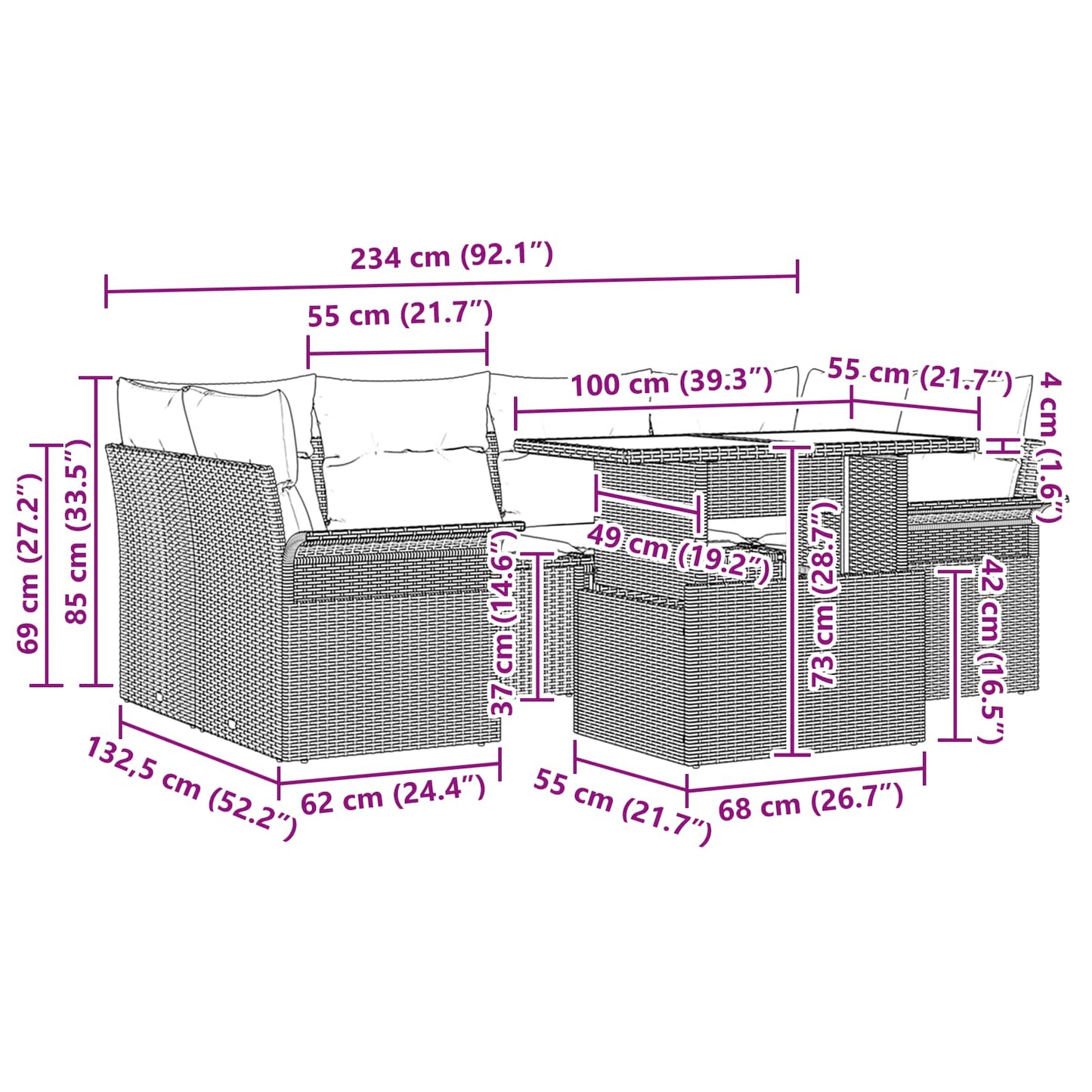 Havesofa Sæt med pude 7 pcs Grå Poly rattan