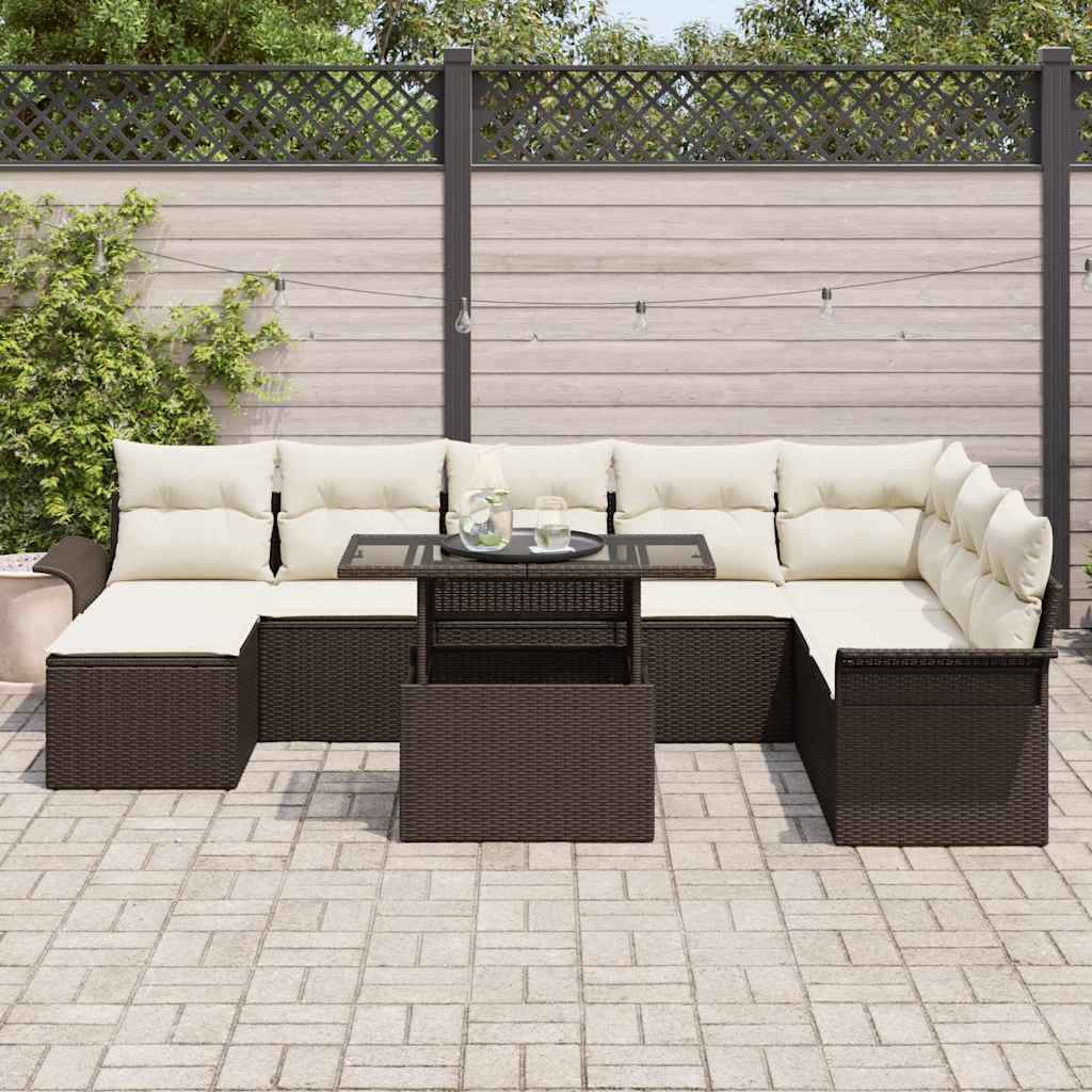 Havesofa Sæt med pude 9 pcs Brun polyrattan