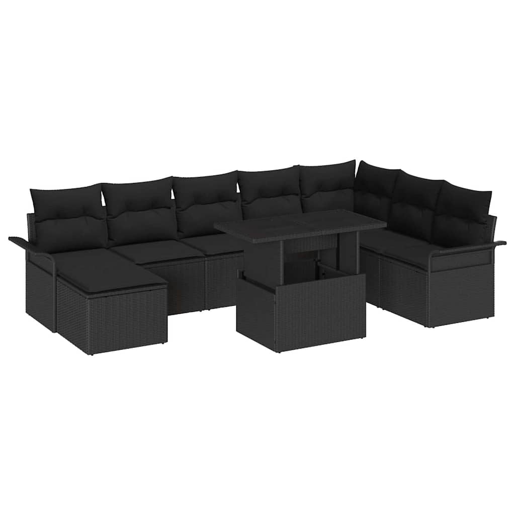 Havesofa Sæt med pude 9 pcs Sort polyrattan