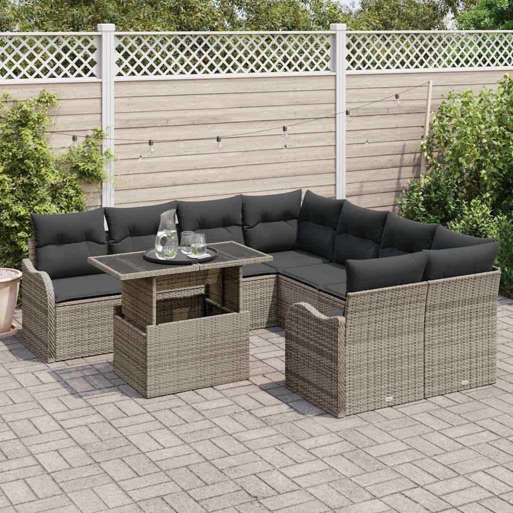 Havesofa Sæt med pude 9 pcs Grå Poly rattan