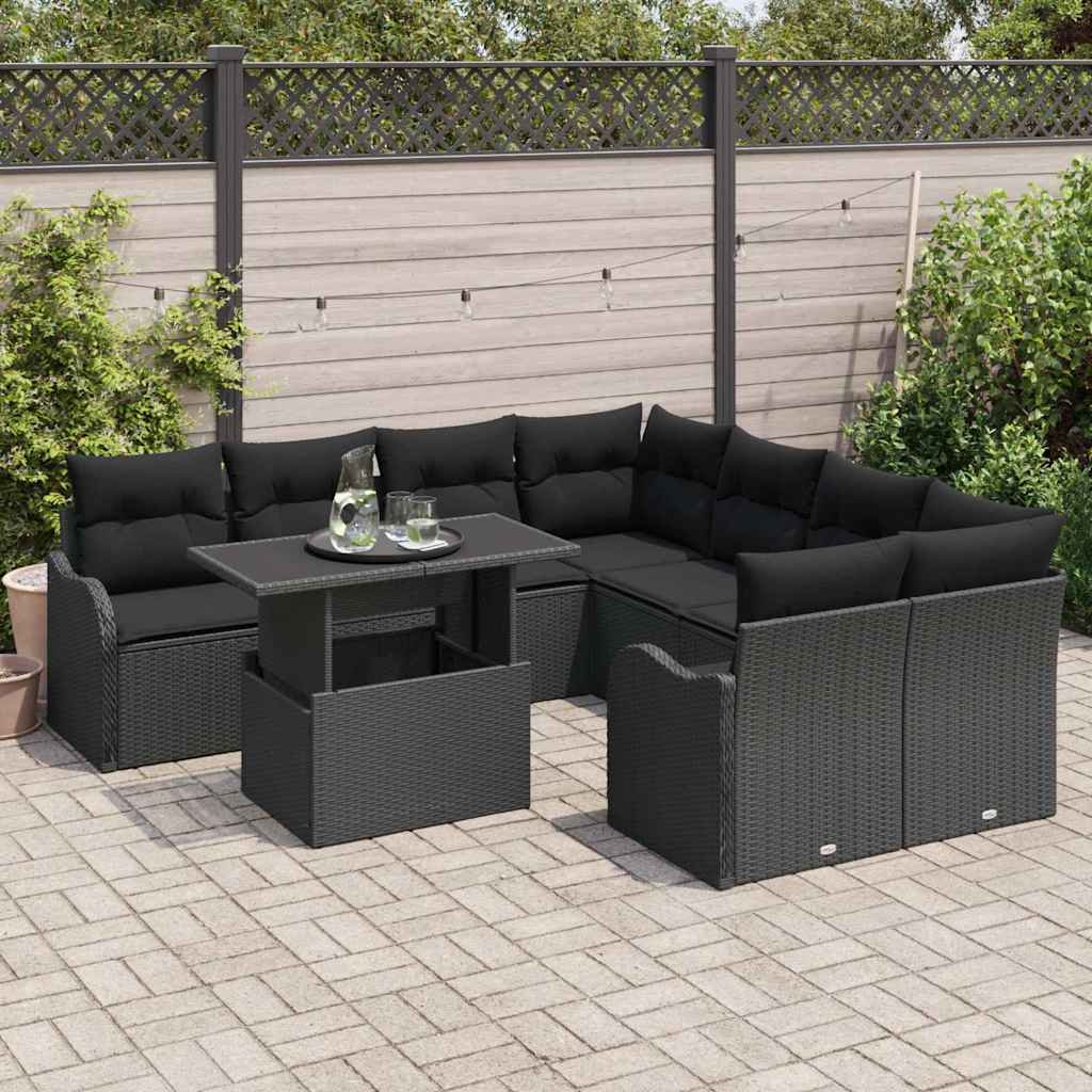 Havesofa Sæt med pude 9 pcs Sort Poly rattan