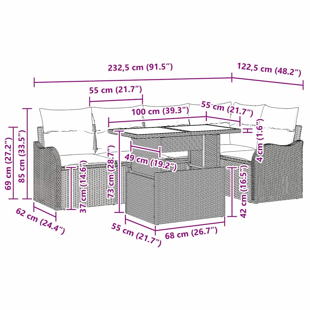 Spisestuesæt med pude 6 pcs Brun Poly rattan