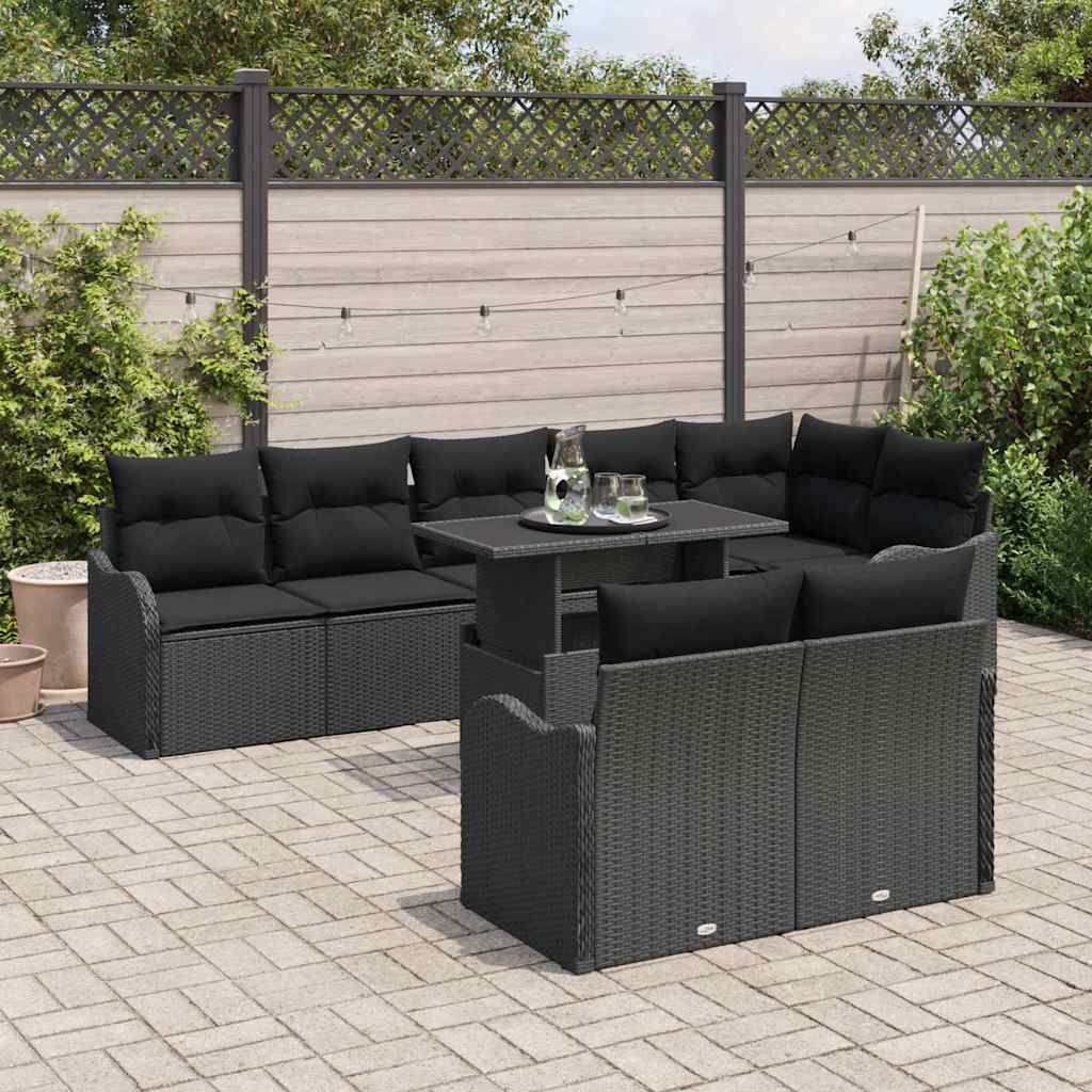 Lounge sæt med pude 9 pcs Sort Poly rattan