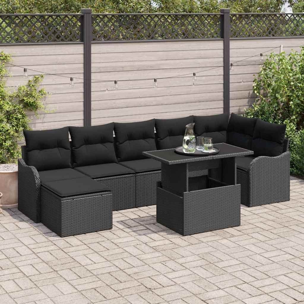Havesofa Sæt med pude 8 pcs Sort Poly rattan