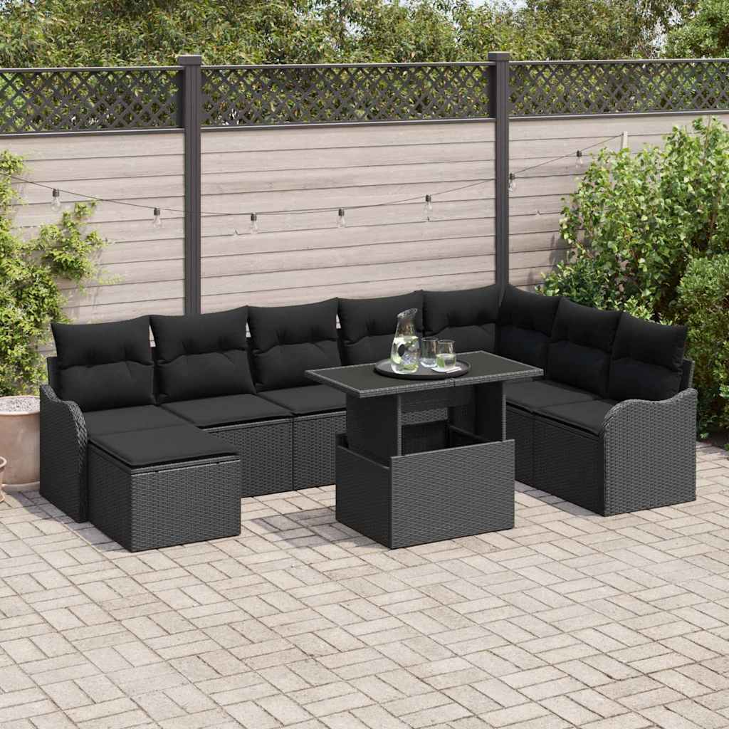 Havesofa Sæt 9 stk. Sort Poly rattan