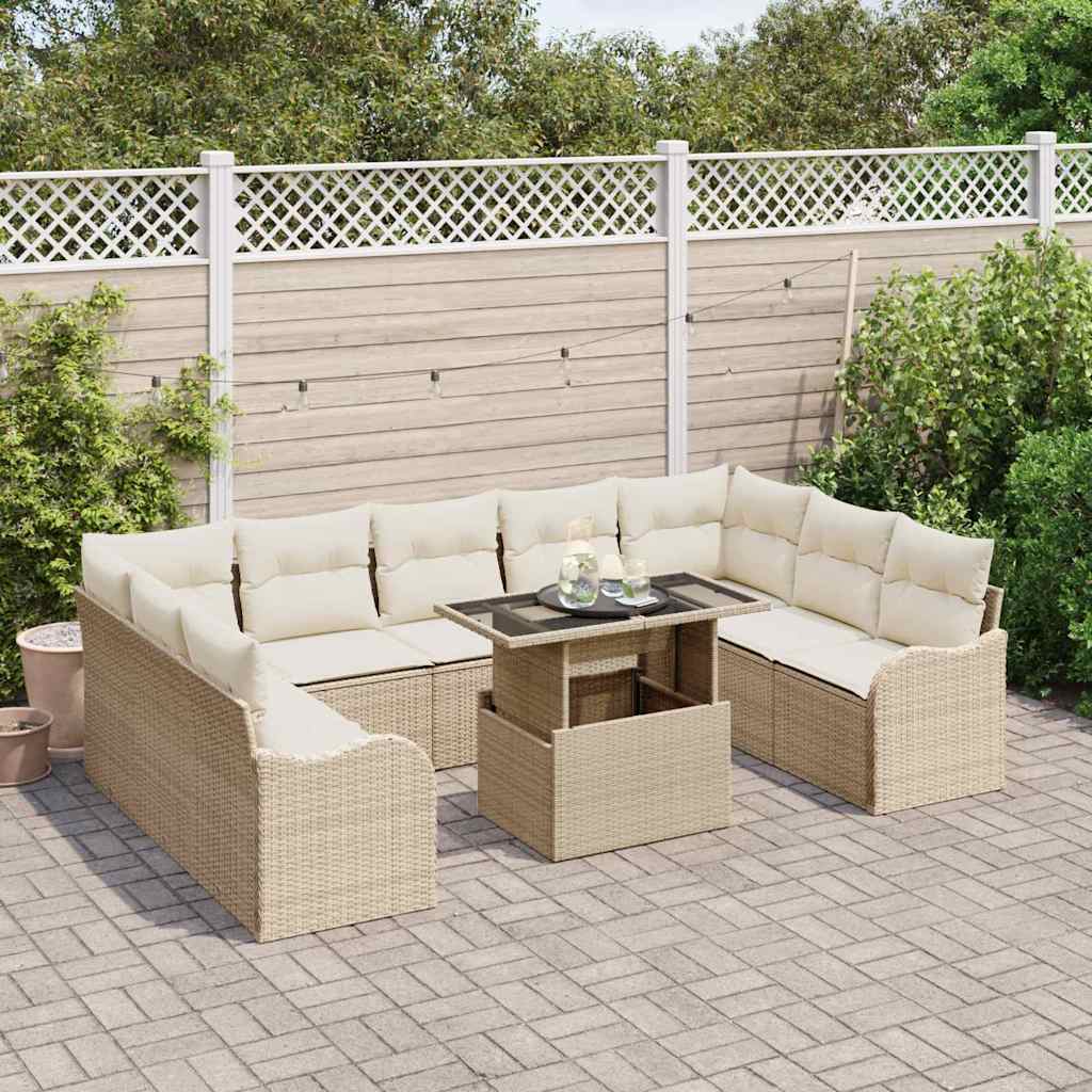 Havesofa Sæt med pude 10 pcs Beige Poly rattan