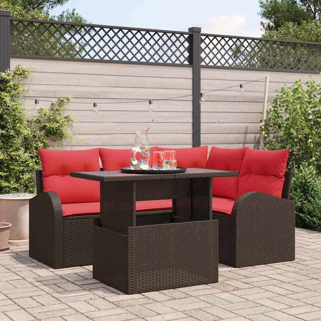 Havesofa Sæt med opbevaring 5 pcs Brun og Rød polyrattan