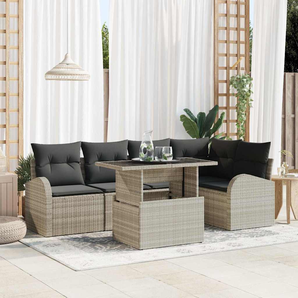 Havesofa Sæt med opbevaring med pude 6 pcs Lysegrå polyrattan