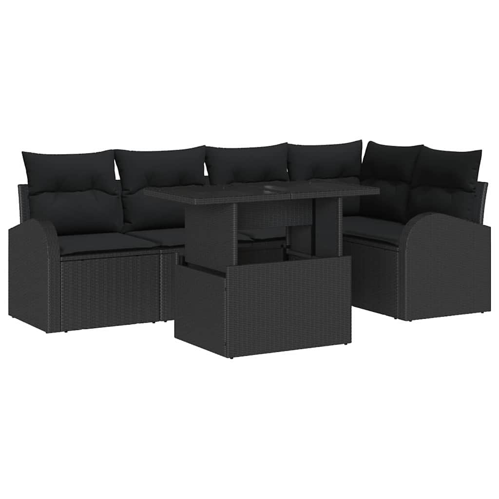 Havesofa Sæt med pude 6 pcs Sort polyrattan