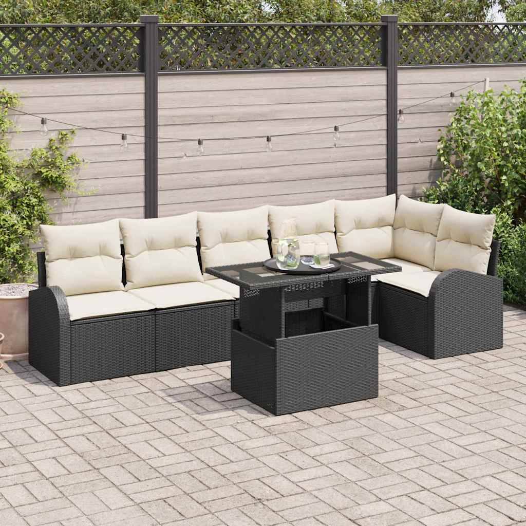 Havesofa Sæt med pude 7 pcs Sort og cremefarvet polyrattan