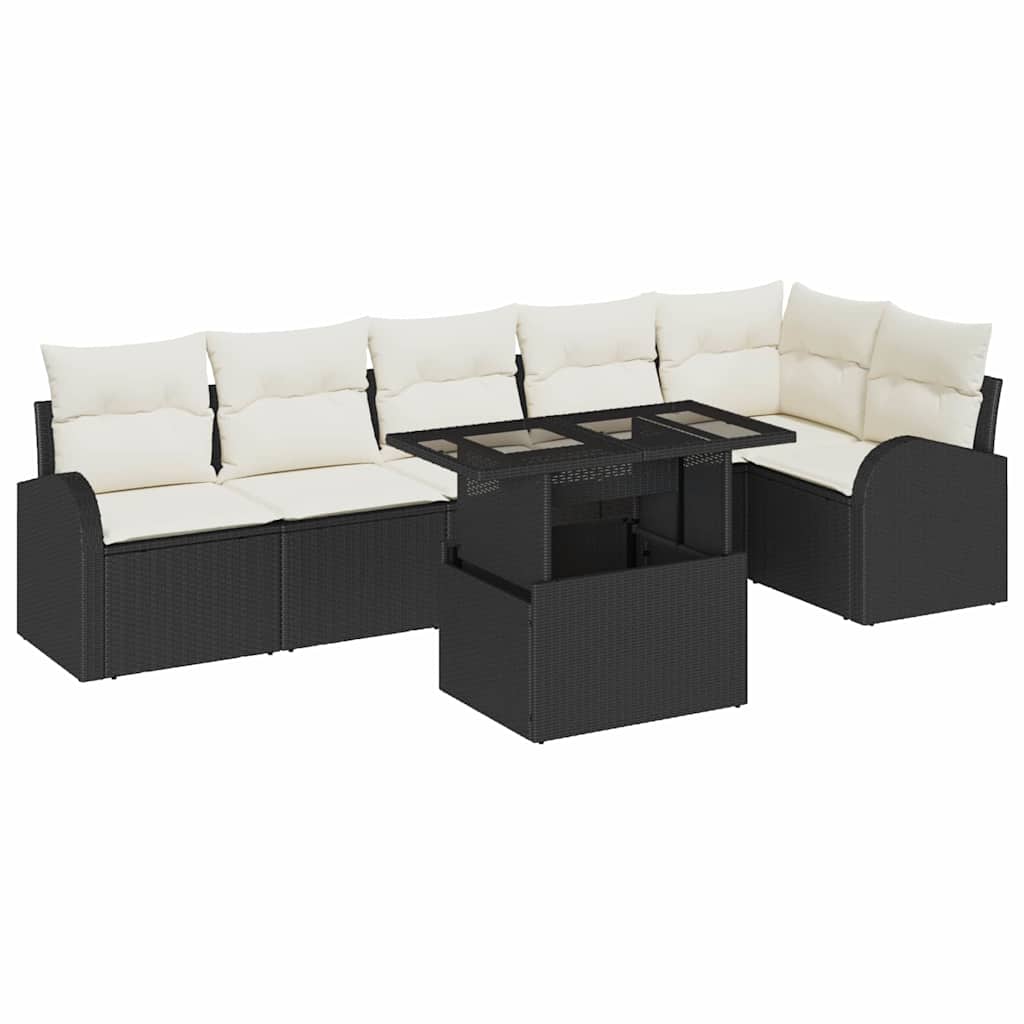 Havesofa Sæt med pude 7 pcs Sort og cremefarvet polyrattan