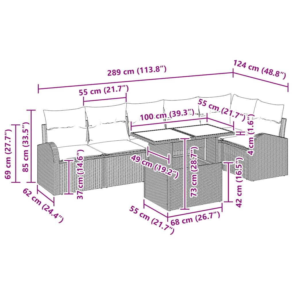 Havesofa Sæt med pude 7 pcs Grå polyrattan