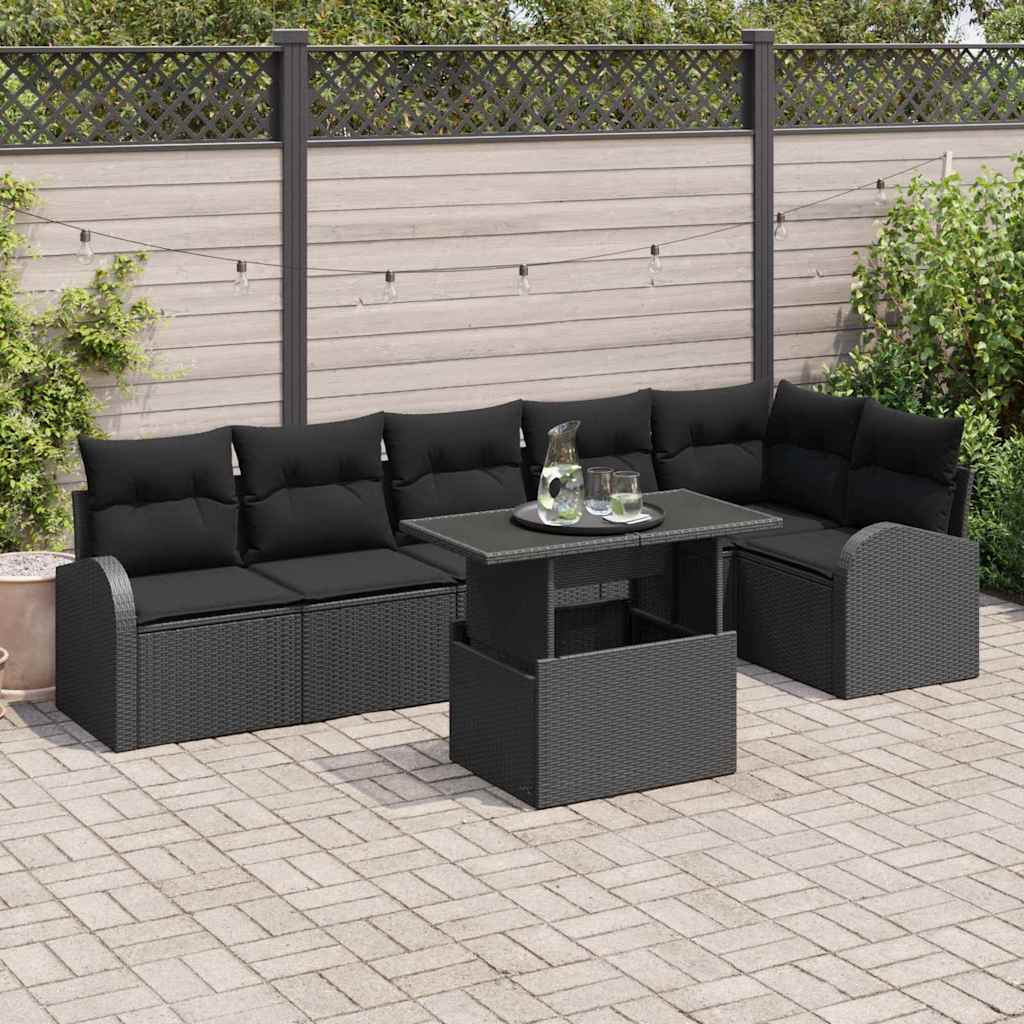 Havesofa Sæt med opbevaring med pude 7 pcs Sort polyrattan billede