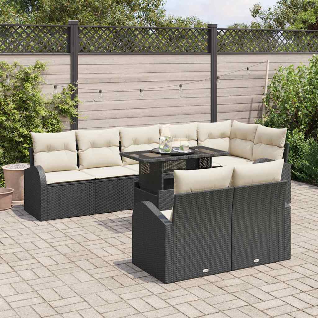 Havesofa Sæt med opbevaring 9 pcs Sort og Cream polyrattan