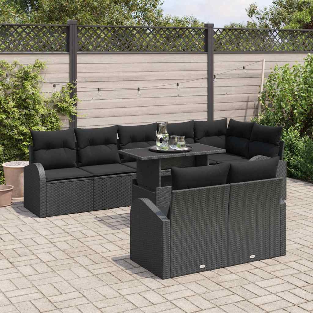 Havesofa Sæt med opbevaring med pude 9 pcs Sort polyrattan