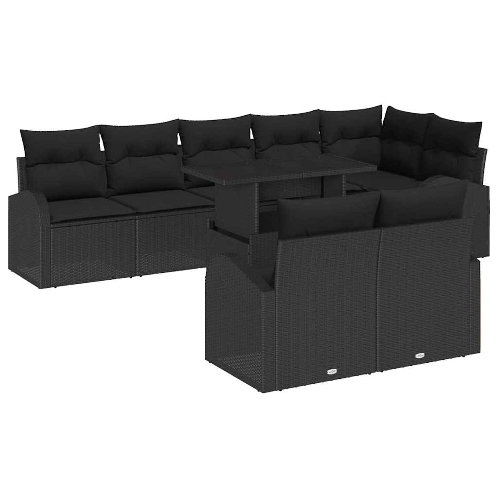 Havesofa Sæt med opbevaring med pude 9 pcs Sort polyrattan