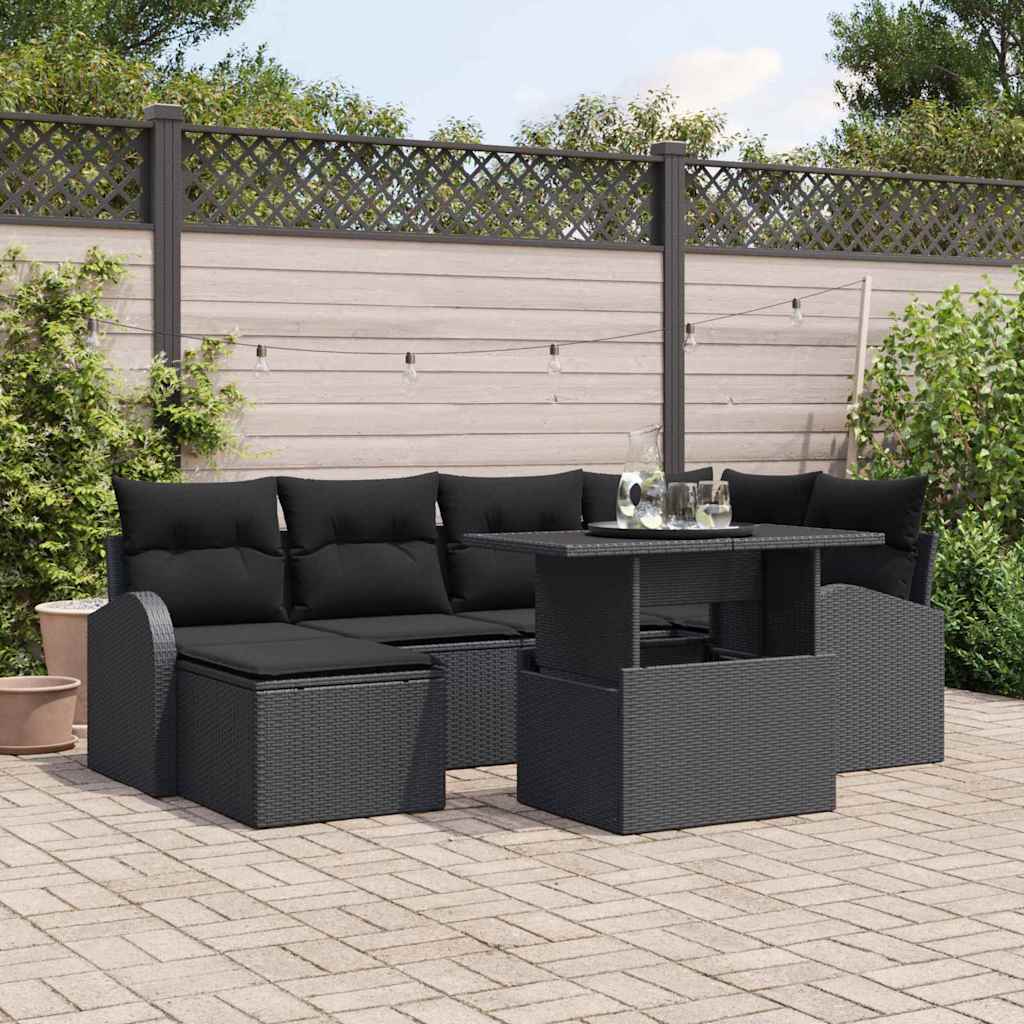 Havesofa Sæt 7 pcs Sort Polyrattan og pulverlakeret stål