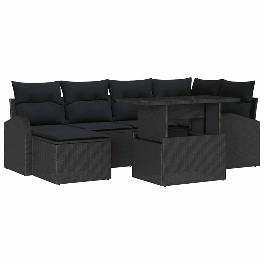 Havesofa Sæt 7 pcs Sort Polyrattan og pulverlakeret stål