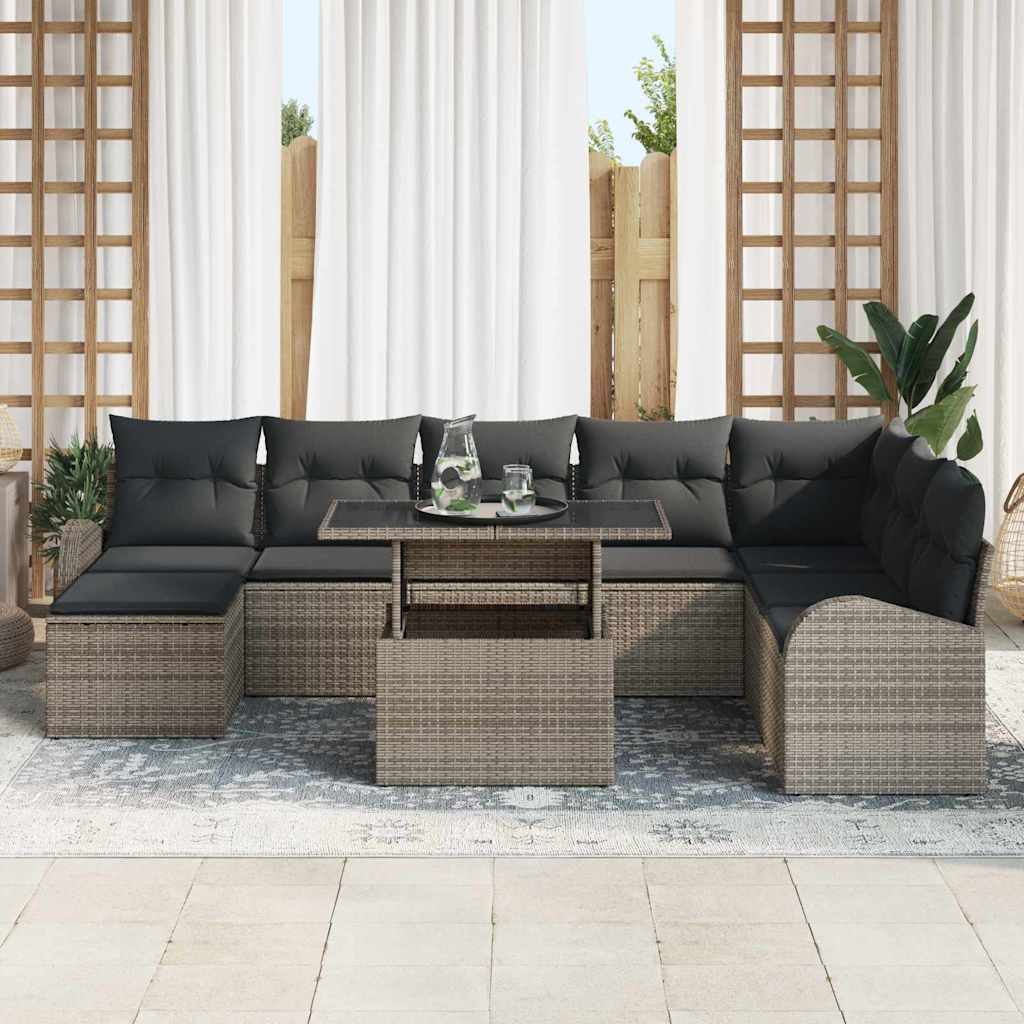 Havesofa Sæt 9 pcs Grå Polyrattan og pulverlakeret stål